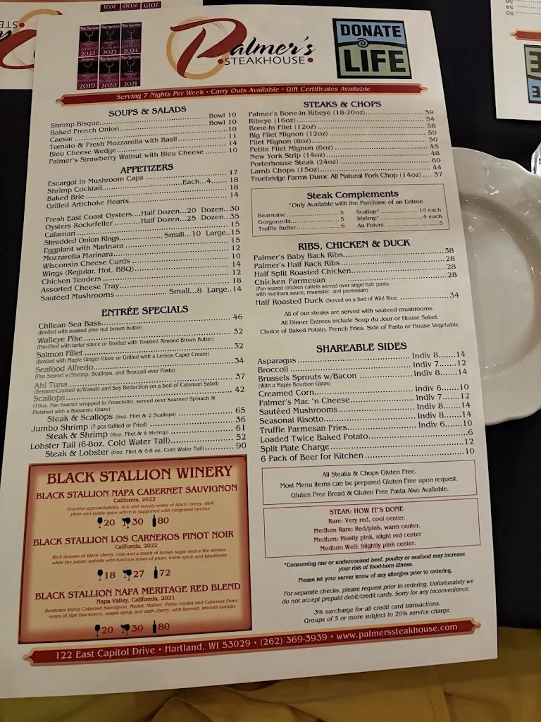 Menu_Palmer's Steakhouse_Hartland, WI_image_old_1