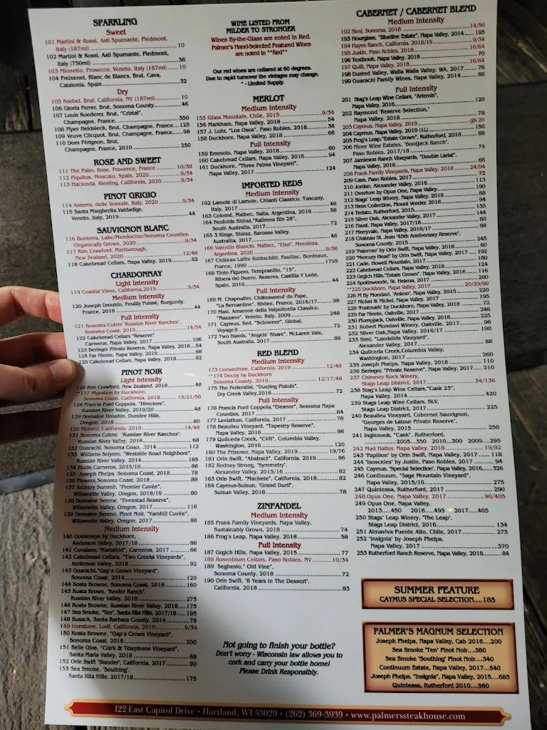 Menu_Palmer's Steakhouse_Hartland, WI_image_old_2