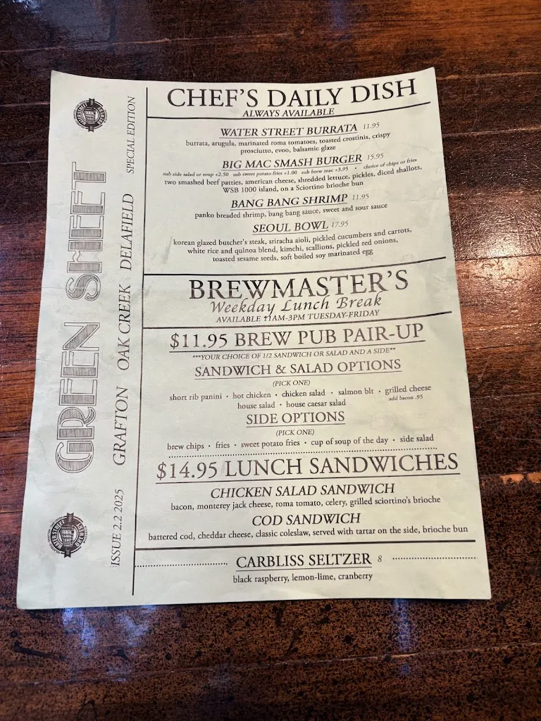 Menu_Water Street Brewery Oak Creek_Oak Creek, WI_image_old_3