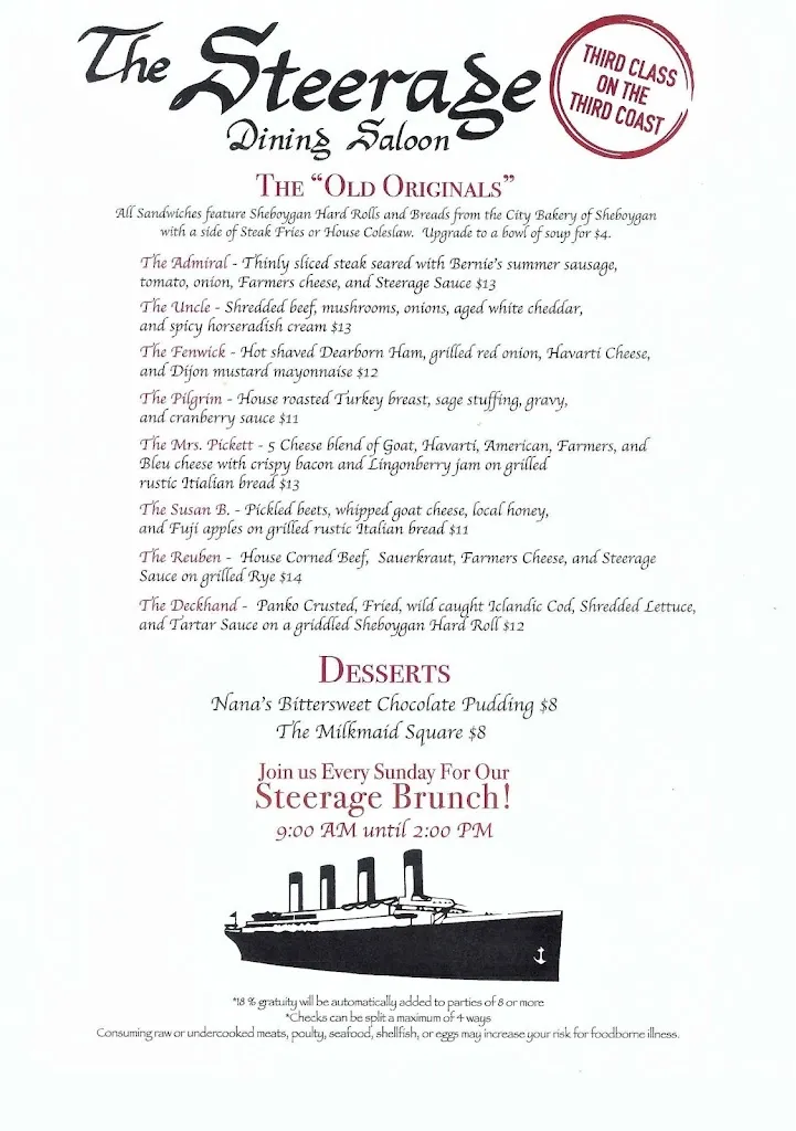 Menu_The Steerage Dining Saloon_Port Washington, WI_image_old_3