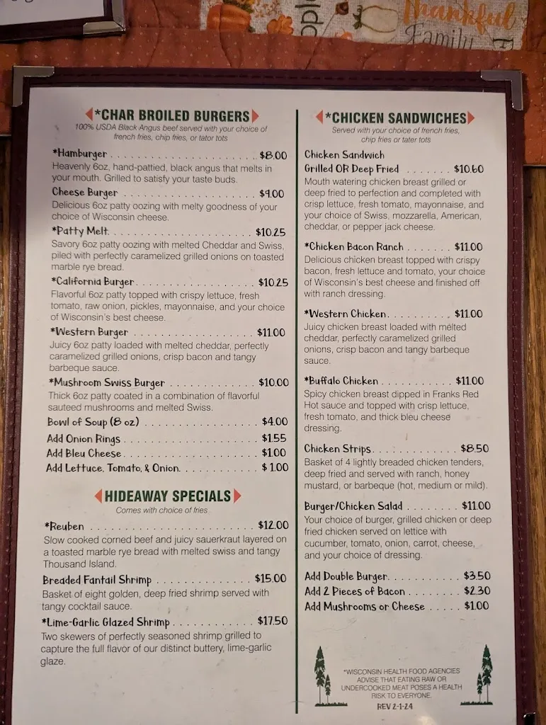 Menu_Hideaway_Salem Lakes, WI_image_old_1
