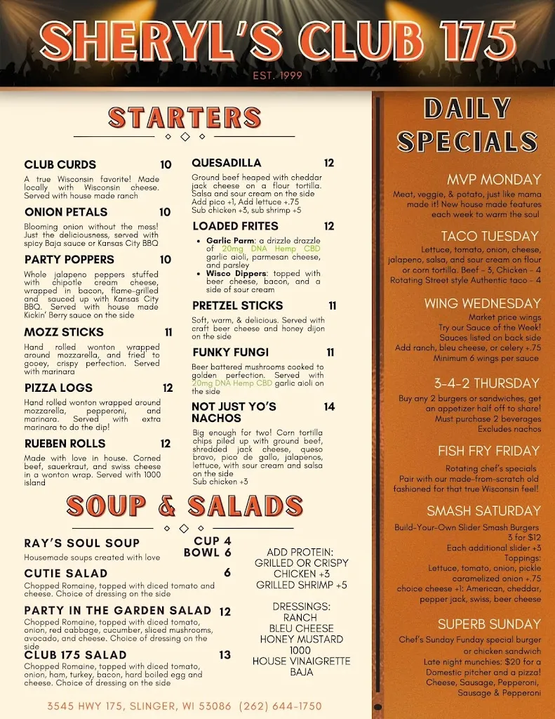 Menu_Sheryl's Club 175_Slinger, WI_image_old_2