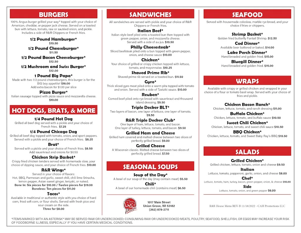 Menu_R&R Bar and Grill_1017 Main St, Union_image_old_2