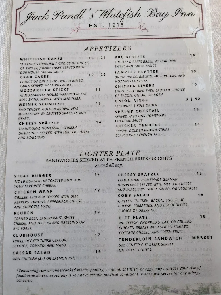 Menu_Jack Pandl's Whitefish Bay Inn_Whitefish Bay, WI_image_old_2