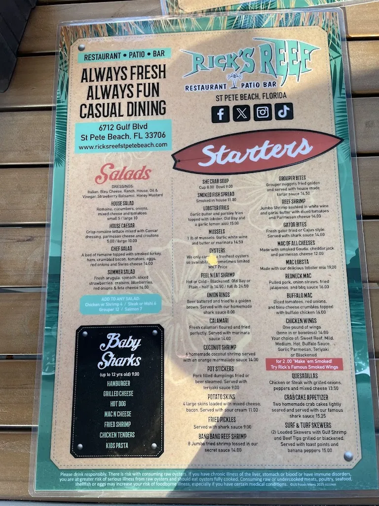 Menu_Rick's Reef_St Pete Beach, FL_image_old_2