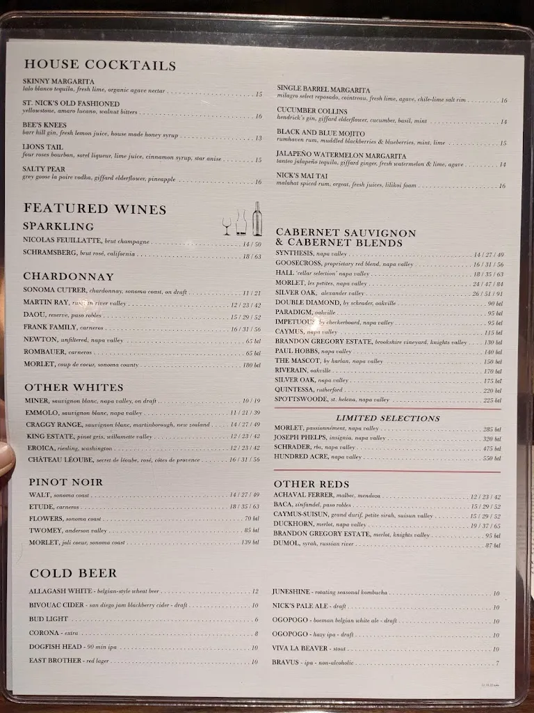 Menu_Nick's Pasadena_Pasadena, CA_image_old_2