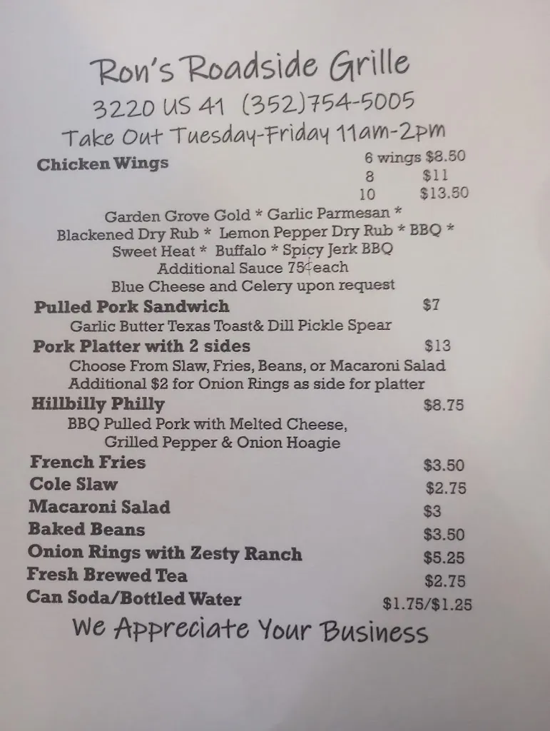 Menu_Ron's Roadside Grille_Brooksville, FL_image_old_1