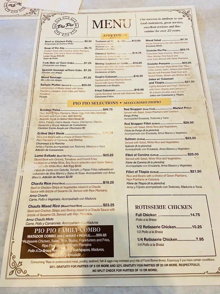 Menu_Pio Pio Restaurant_Orlando, FL_image_old_2