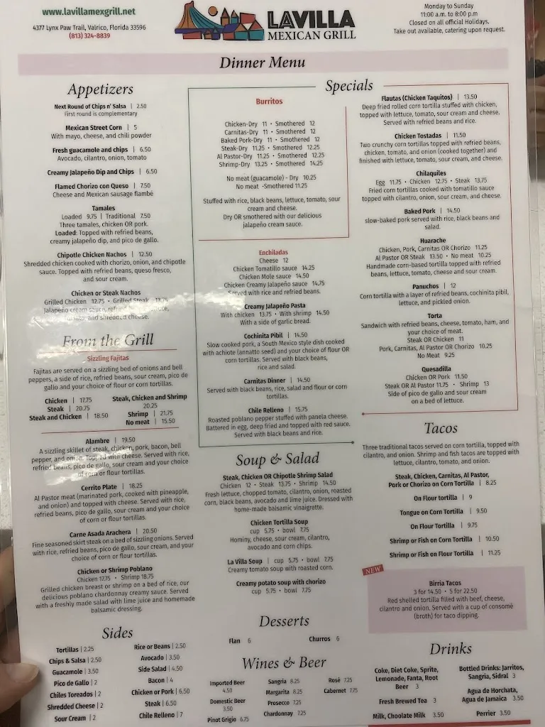 Menu_La Villa Mexican Grill_Valrico, FL_image_old_3